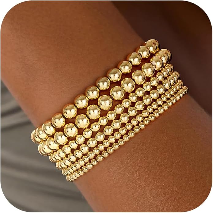 Gold Bracelets for Women, 14K Gold Plated Beaded Bracelets Gold Strand Bead Ball Bracelet Stack Set Adjustable Bracelet Set Waterproof Jewelry for Women Gifts Non Tarnish