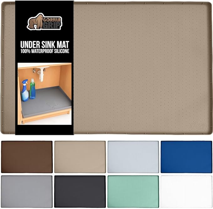 GORILLA GRIP Waterproof Silicone Under Sink Mat with Raised Lip for Kitchen and Bathroom, Cabinet Shelf Liner Stay in Place Mats Dishwasher Safe Drawer Liner, Organizer Tray, 15 x 22 in, Beige