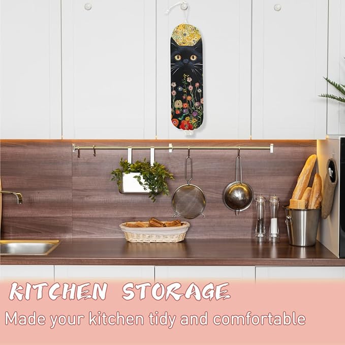 Cat Plastic Bag Holder, Wall Mount Grocery Bag Holder for Plastic Storage bag, Floral Storage Organizer Reusable Grocery Bags, Pull Rope Free Adjustment, Cat Lover Gifts for Women Mom Sister