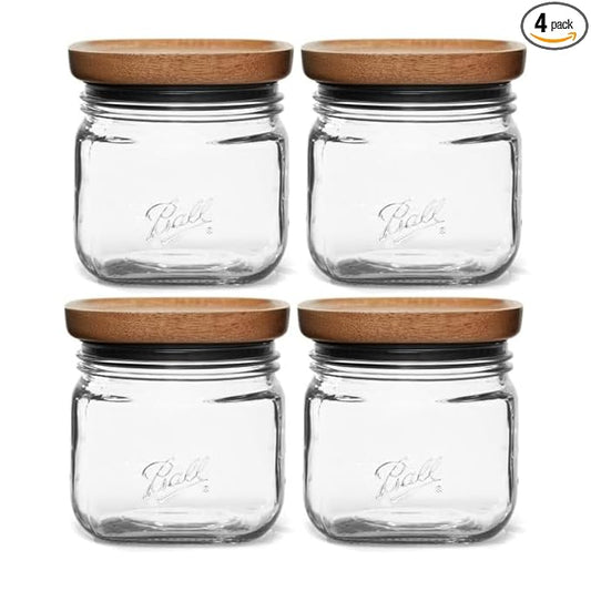 Ball Stack & Store Glass Mason Jars with Wooden Lid, Used for Pantry, Cookies, Flour, Cereal, Rice, Sugar, Tea, Coffee Beans, Spices, Square, 4-Cup (Pack of 4)