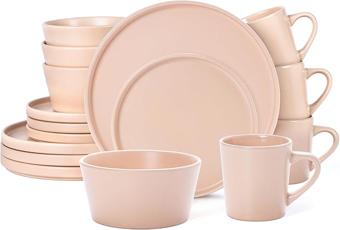 Plates and Bowls Sets for 4 - CJDC-QUELO 16 Piece Stoneware Dinnerware Sets with Mugs, Ceramic Dishware Sets for Kitchen Dining Use, Chip and Scratch Resistant Microwave Dishwasher Safe, Brown