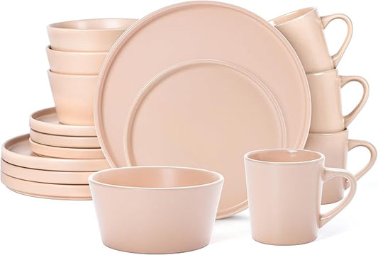 Plates and Bowls Sets for 4 - CJDC-QUELO 16 Piece Stoneware Dinnerware Sets with Mugs, Ceramic Dishware Sets for Kitchen Dining Use, Chip and Scratch Resistant Microwave Dishwasher Safe, Brown