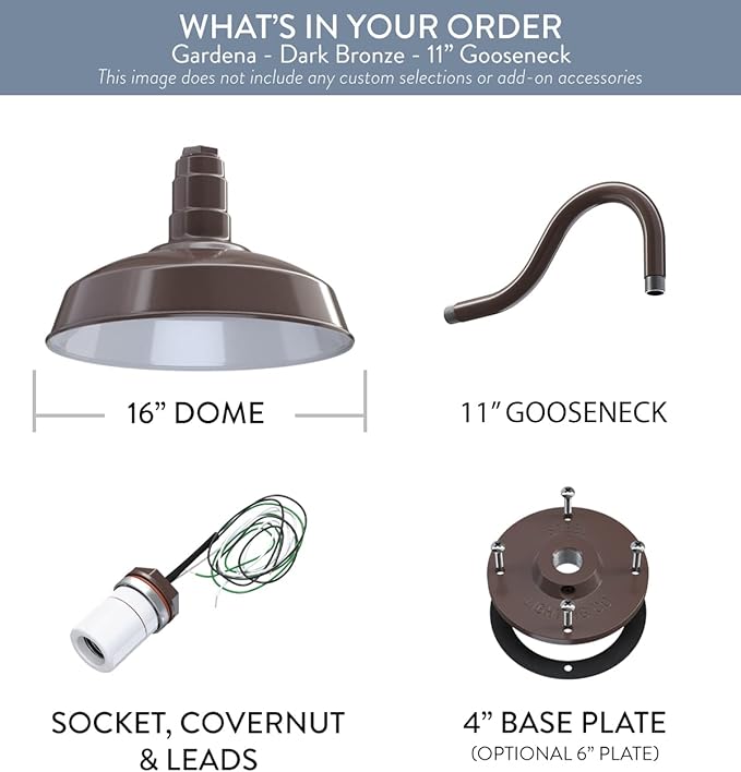 Steel Lighting Co. | Dusk to Dawn | Gardena Barn Light | Outdoor Wall Mounted | 16" Dome | 11" Gooseneck | Farmhouse Light Made in America | Dark Bronze Exterior/White Interior