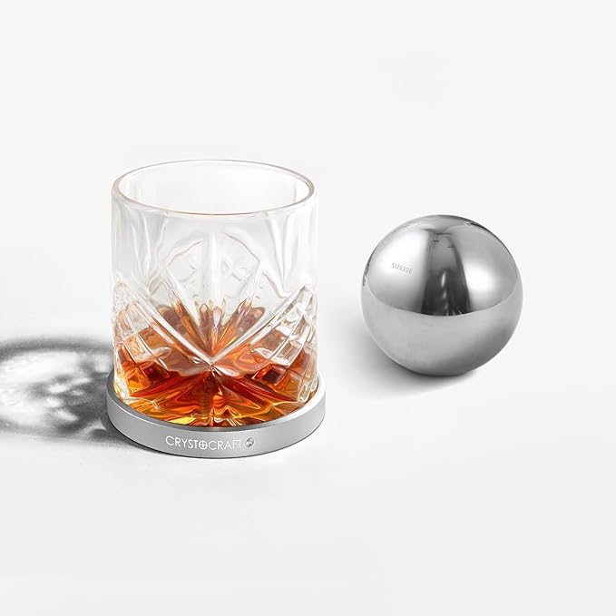 Crystocraft Whiskey Glass with Rotating Aluminum Coaster and 316 Stainless Steel Ice Ball, Spinning Cocktail Glass with Reusable Chilling Stone for Bars, Restaurants, Party, Home