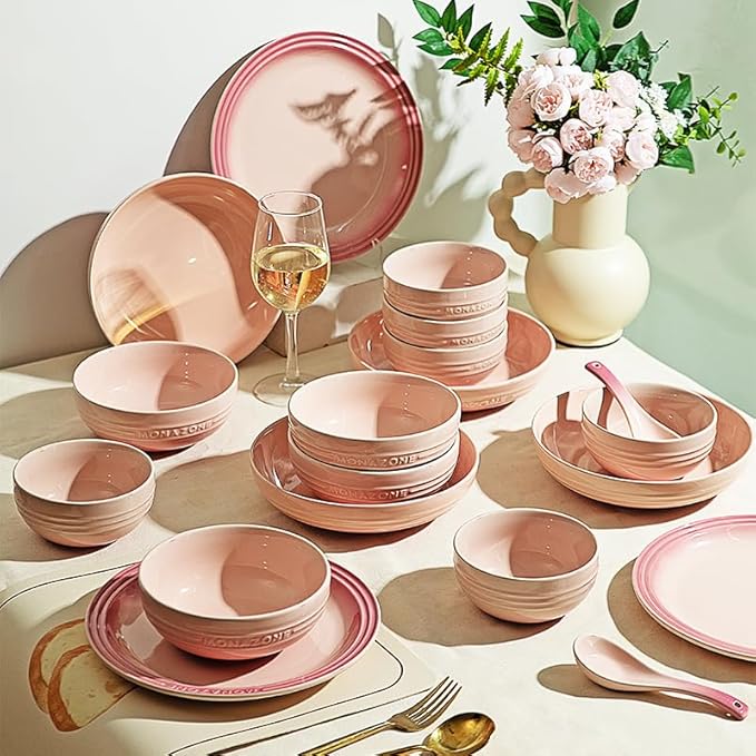 12-Piece Pink Ceramic Dinnerware Set - Monazone Series, Service for 4, Includes Bowls & 8''/9'' Plates, Glossy Finish