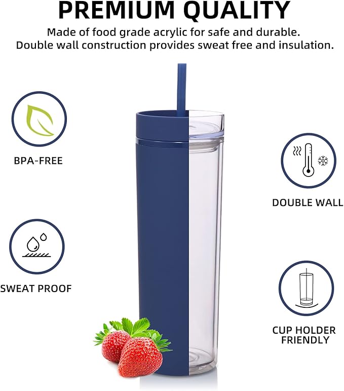 Volhoply 20oz Plastic Skinny Tumblers Bulk 4 Pack,Double Wall Tumbler with Lid and Straw,Reusable Travel Iced Coffee Mug,BPA Free Matte Acrylic Water Cups With Straw for Party,DIY Gifts(Navy, 4 Set)