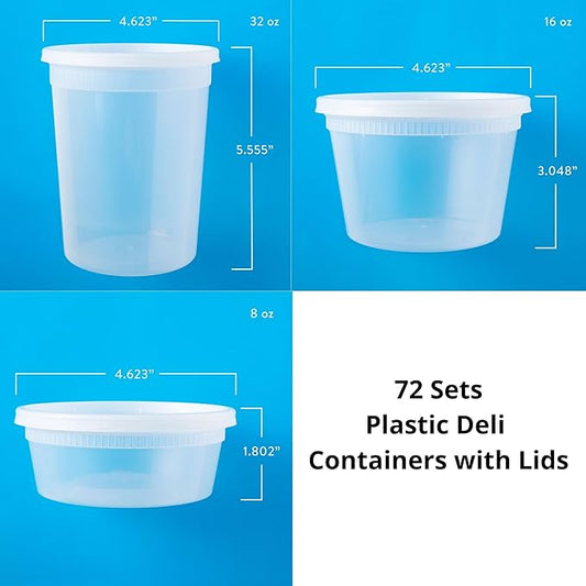 72 -Piece Deli Food Storage Containers with Lids – 32 oz, 16 oz & 8 oz Assorted Set (24 Each) – Leak-Resistant, Stackable, Reusable Meal Prep Containers for Soups, Salads, Leftovers & Snacks