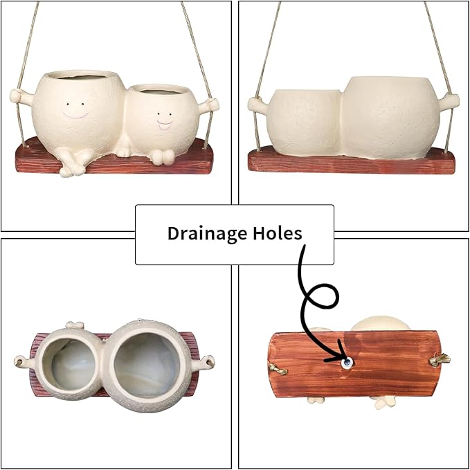 Swing Face Planter Pot Cute Hanging Double Head Flower Planters for Indoor Outdoor Plants Resin Succulent Pots for String of Pearls Plant Live Gift Ideas for Mother Teacher Christmas (Khaki)