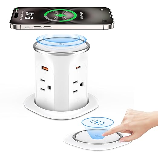 ANNQUAN Motorized Pop Up Countertop Receptacle with 15W Wireless Charger,Max 20W Power Delivery,3.15" Automatic Pop Up Outlet,4 Outlets,4 USB 3FT Cord White