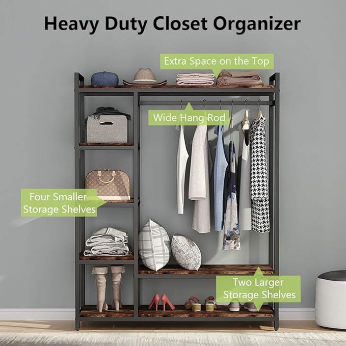 LITTLE TREE Free Standing Wood Closet Clothes Rack,Heavy Duty Grament Rack with Shelves,Hanging Racks for Clothes Clothing Rack for Bedrom,Wardrobe Closet Organizer,350 lb Capacity,Rustic