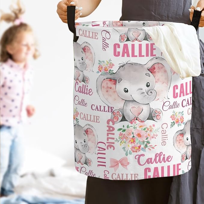callie Personalized Elephant Laundry Basket for Kids Baby, Waterproof Collapsible Laundry Hamper, Clothes Toys Storage Bin for Bedroom Nursery (13.8" x 16.5", 15.7" x 19.6")