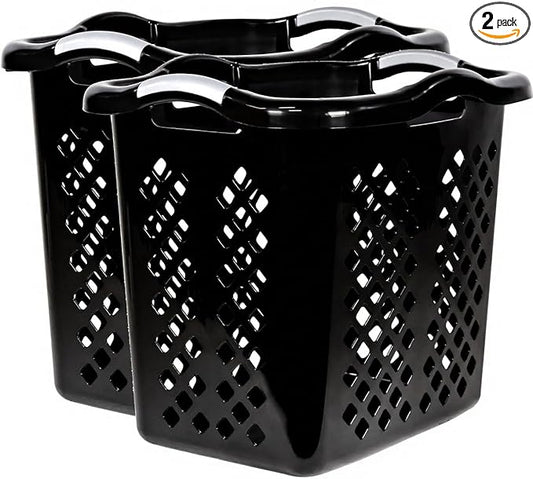 2-Pack 2 Bushel Plastic Laundry Basket with Silver Handles, Space-Saving Dirty Clothes Organizer for Home Apartment Dorm (Black)