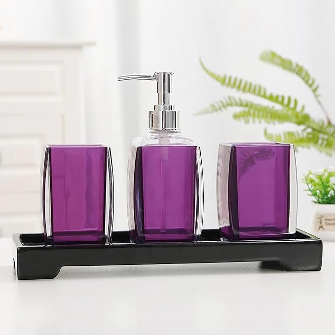 Bathroom Accessories Set,4 pcs Acrylic Bathroom Accessory Set with Soap Dispenser,Soap Dish, Toothbrush Holder, Tumbler, Modern Bathroom Accessories Decor,Gift for Home (Purple)