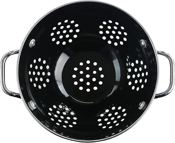 Reston Lloyd Calypso Basics Extra Large Enameled Colander with Solid Base, Strainer Basket with Handles, for Pasta, Berries, Vegetables, Fruit, 7 Quart (224oz/ 6.6 L), Black