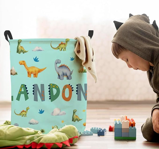callie Personalized Dinosaur Laundry Basket for Kids, Waterproof Collapsible Laundry Hamper, Clothes Toys Storage Bin for Bedroom Nursery (13.8" x 16.5", 15.7" x 19.6")