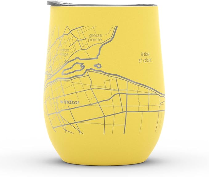 Well Told Engraved Detroit Michigan Map Insulated Wine Tumbler, Etched Stainless Steel Cup (12 oz, Sunrise Yellow) City Map Insulated Tumbler, Custom Insulated Tumbler, Outdoor Drinkware