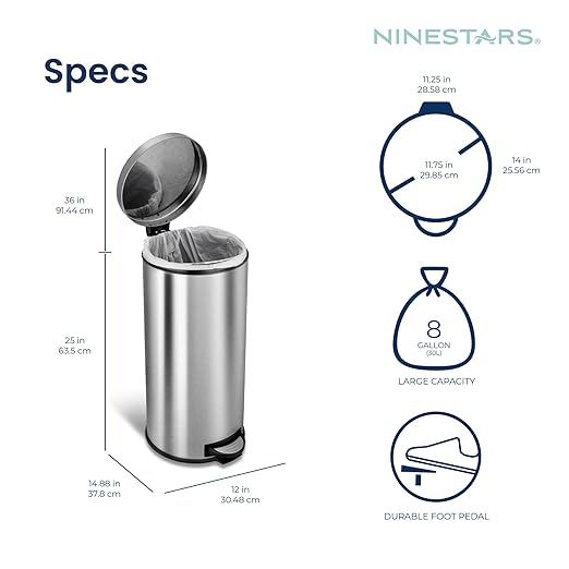 8 Gallon and 1.2 Gallon Combo Set Round Stainless Steel Step on Trash Can, Fingerprint-Resistant Soft Close Lid Hands-Free Trash can, Removable Plastic Inner Bucket Waste Bin, 8 Gal 30L & 1.2 Gal 5L