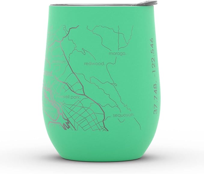 Well Told Engraved San Francisco California Map Insulated Wine Tumbler, Etched Stainless Steel Cup (12 oz, Sunday Green) City Map Insulated Tumbler, Custom Insulated Tumbler, Outdoor Drinkware