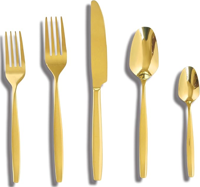 Gold 30-Piece Silverware Set,Stainless Steel Flatware Utensils Cutlery Set for 6,Including Steak Knife Fork and Spoon,Dishwasher Safe,Modern Tableware for Home & Dining