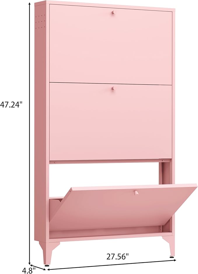 Shoe Cabinet with 3 Flip Drawers, Narrow Shoe Storage Cabinet, Farmhouse Shoe Organizer, Freestanding Organizer with Metal Legs for Entryway, Foyer (3 Door, Pink)