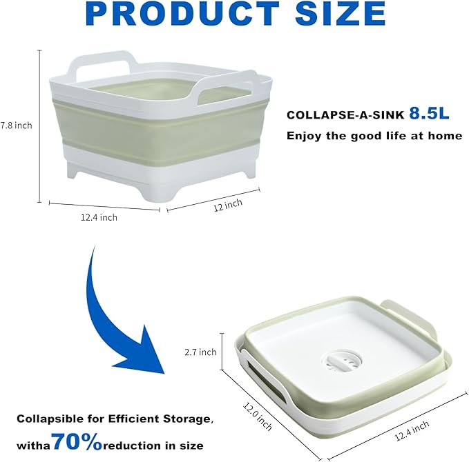 Collapsible Dish Basin, 2.4 Gallon Foldable Kitchen Sink with Drain Plug for Space-Saving Dish Washing, Vegetable & Baby Bottle Cleaning