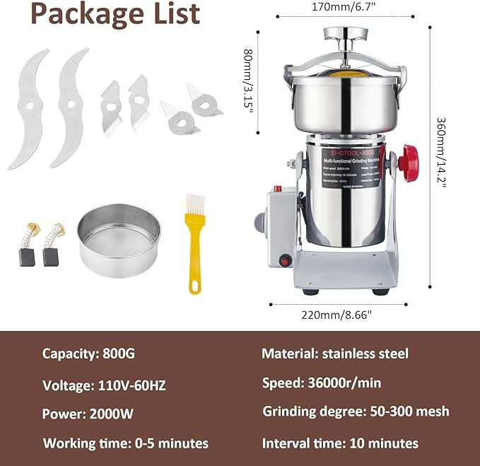 Electric Grain Mill Grinder 2000W Dry Material Grinding Machine 800g Stainless Steel Pulverizer 36000r/min High-speed Grain Mill 270° swingable Superfine powder for Home and Commercial 800g