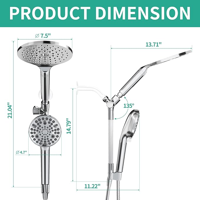 Filtered Rainfall Shower Head with Handheld Spray Combo, Dual Shower Head Combo High Pressure, Double Sprayer Filter Shower Head with Extra Long Hose & Adjustable Shower Arm (Chrome)