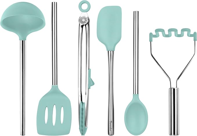Tovolo Silicone Cooking Utensil Set of 6 Aqua Seafoam Green Ladle Slotted Turner Tongs Flex Core Spatula Scraper Mixing Spoon and Potato Masher, Dishwasher Safe Non Toxic BPA Free Kitchen Utensils