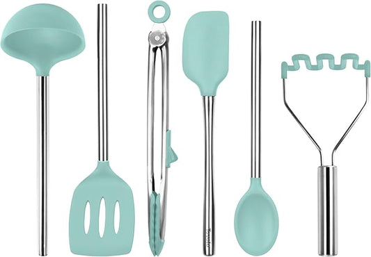 Tovolo Silicone Cooking Utensil Set of 6 Aqua Seafoam Green Ladle Slotted Turner Tongs Flex Core Spatula Scraper Mixing Spoon and Potato Masher, Dishwasher Safe Non Toxic BPA Free Kitchen Utensils