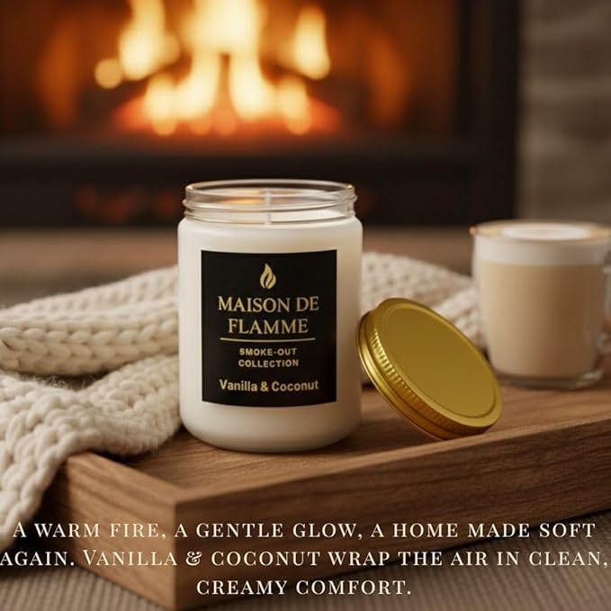 Vanilla & Coconut Odor-Eliminating Scented Candle (White Jar, 200g/7oz) | Long-Lasting Premium Soy Wax Candle for Smoke, Kitchen & Pet Odors