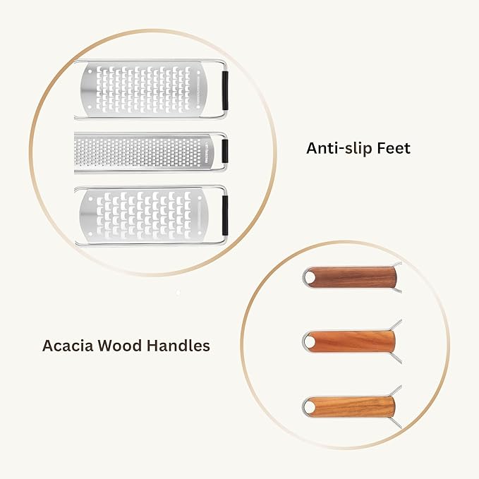 NAZANIN Grater Set of 3 – 304 Stainless Steel Cheese Grater, Zester & Vegetable Grater with Acacia Wood Handles – Handheld Kitchen Graters for Garlic, Ginger, Lemon, Nutmeg & more