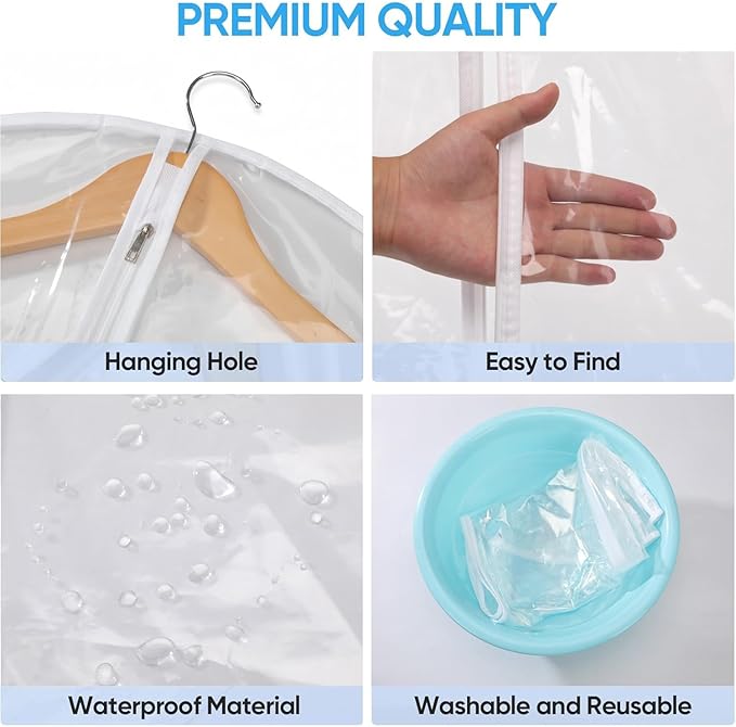 40” All Clear Garment Bags for Travel - PEVA Waterproof Suit Cover with Zipper for Hanging Clothes, Dresses, Coats - Durable Dresser for Closet Storage, Dustproof & Moisture Resistant - 40''/12 Pack