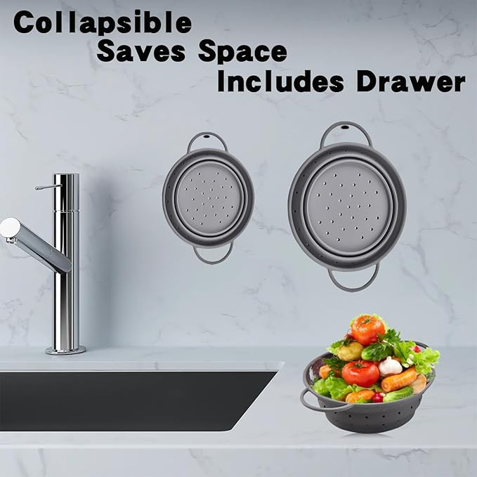 Collapsible Colander with Handle, Silicone Kitchen Colander for Easy Storage,Four-side Fast Draining Silicone Draining Basket, Perfect for Fruits Vegetables (Gray L)