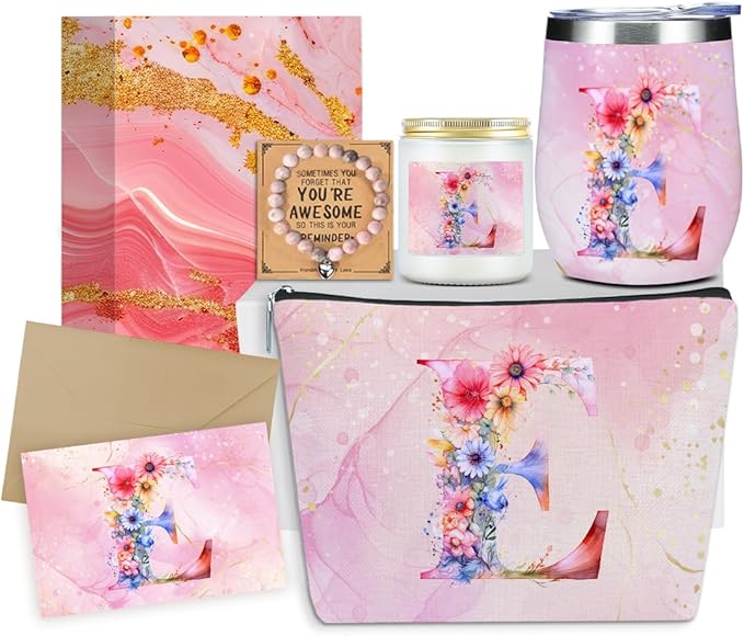 Personalized Gifts Monogrammed Birthday Gifts for Women, Daughter Bestie Friendship Christmas Halloween Initial Wine Tumbler Makeup Bag Scented Candle Bracelet Set, (Aesthetic Pink Flower E)