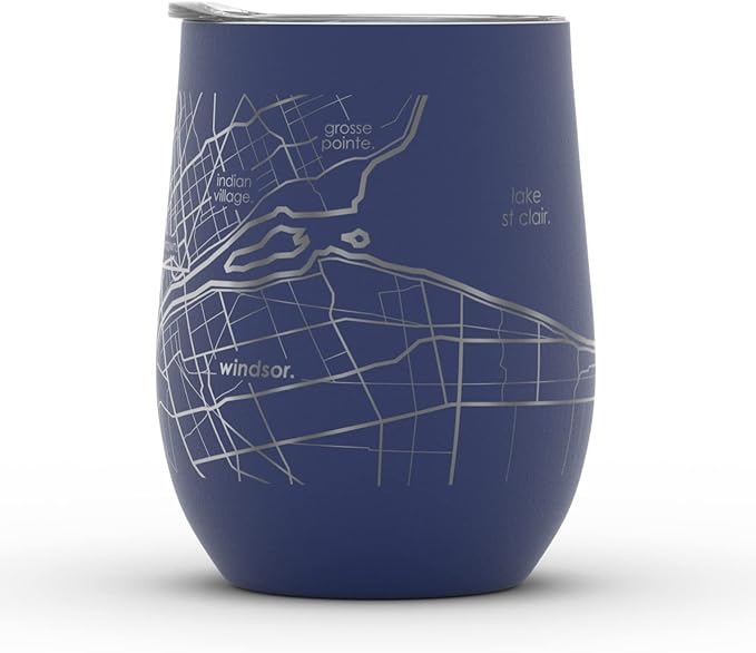 Well Told Engraved Detroit Michigan Map Insulated Wine Tumbler, Etched Stainless Steel Cup (12 oz, Midnight Blue) City Map Insulated Tumbler, Custom Insulated Tumbler, Outdoor Drinkware