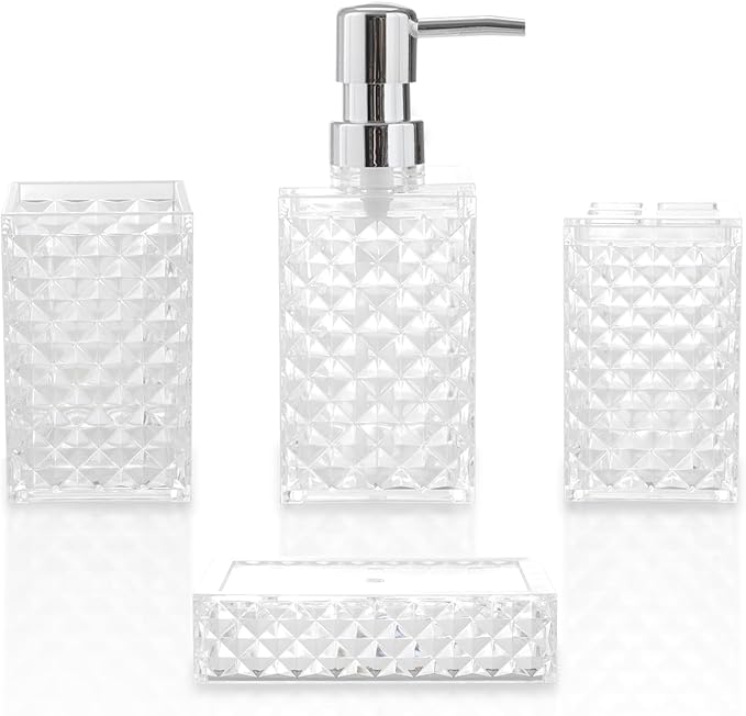 Bathroom Accessories Set 4-Piece Plastic Gift Set with Toothbrush Holder, Toothbrush Cup, Soap Dispenser, Soap Dish(Clear)