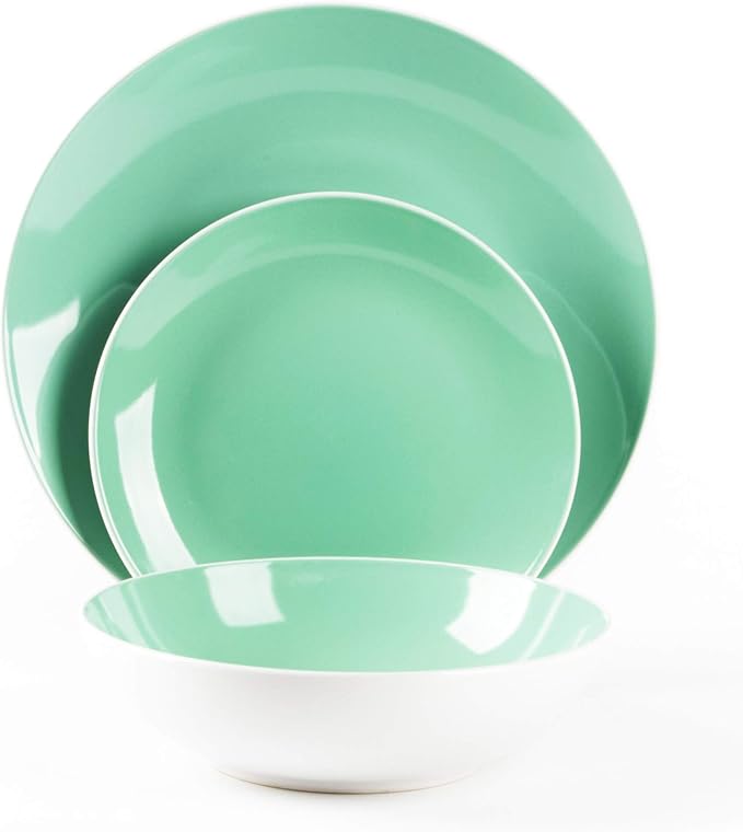 Stoneware Coupe Shape 12pc Dinnerware Set, Outside White + Inside Teal