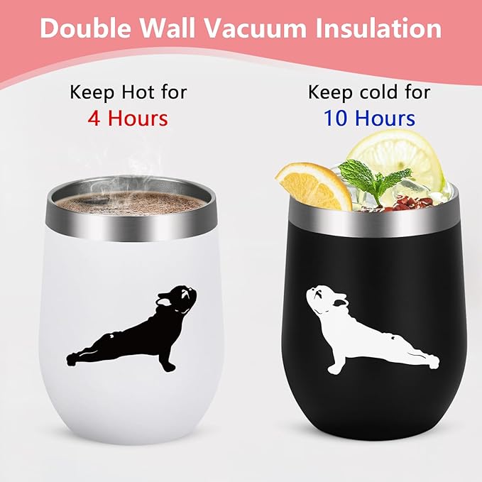 Lifecapido Dog Lover Gifts, French Bulldog Silhouette Insulated Wine Tumbler Set of 2, French Bulldog Gifts for Women Men, Christmas Birthday Gifts for Dog Mom Dad Dog Lovers (12oz, Black&White)