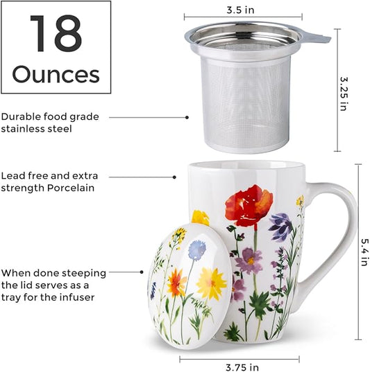AmorArc Porcelain Tea Mug with Infuser and Lid, 18 Oz Tea Cup with Handle for Loose Leaf Tea, Gift for Tea Lovers of Men and Women