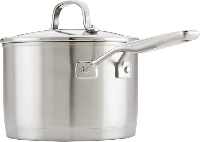 KitchenAid 3-Ply Base Brushed Stainless Steel Sauce Pan/Saucepan with Lid, 3 Quart - Brushed Stainless Steel