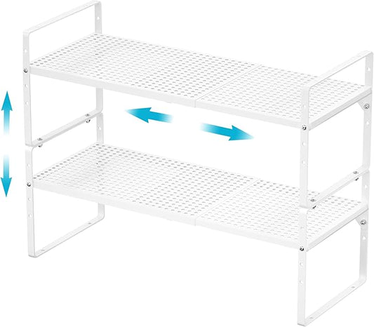 iPEGTOP 2 Pack Large Expandable Cabinet Storage Shelf, Heavy Duty Stackable Steel Metal Spice Rack Adjustable Height Home Office Pantry Garage Shelves for Counter Kitchen Organization, White