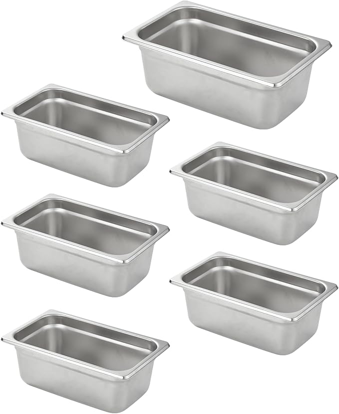 HECMAC 6 Pack Anti-Jam Hotel Pans, 1/4 Size 4 Inch Deep, Commercial Stainless Steel Chafing Steam Table Pan, Catering Storage Metal Food Pan