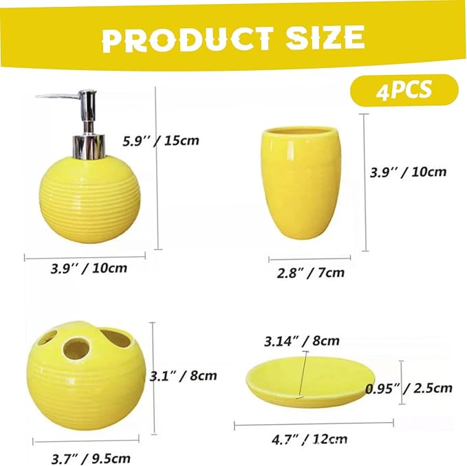 4Pcs/Set Yellow Bathroom Accessories Ceramic Vibrant Soap Dispenser with Toothbrush Holder & Soap Dish & Cup Complete Toothbrush Holder Set
