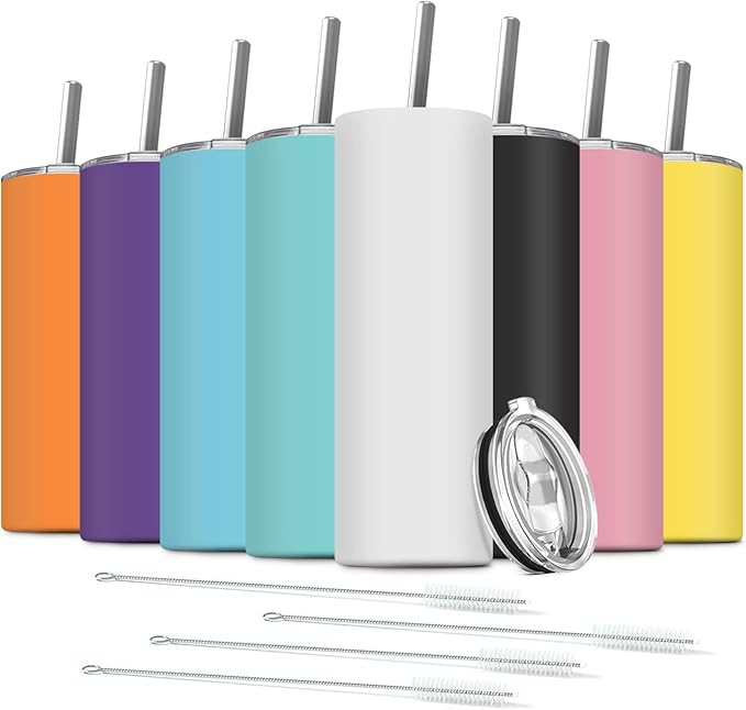 8 Pack Stainless Steel Skinny Tumbler, 20 OZ Double-Insulated Water Tumbler Cup with 8 Straw and 4 Brush, Vacuum Travel Mug Gift for Hot Cold Drinks with Cleaning(Assorted Colors)