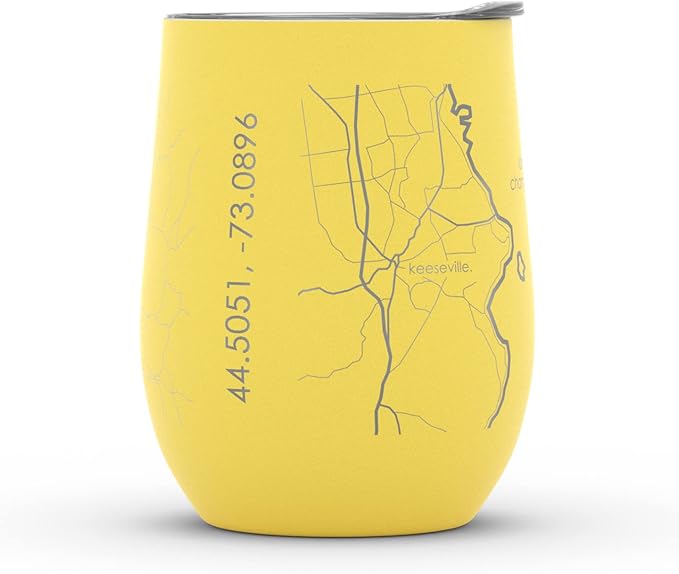 Well Told Engraved Burlington Vermont Map Insulated Wine Tumbler, Etched Stainless Steel Cup (12 oz, Sunrise Yellow) City Map Insulated Tumbler, Custom Insulated Tumbler, Outdoor Drinkware