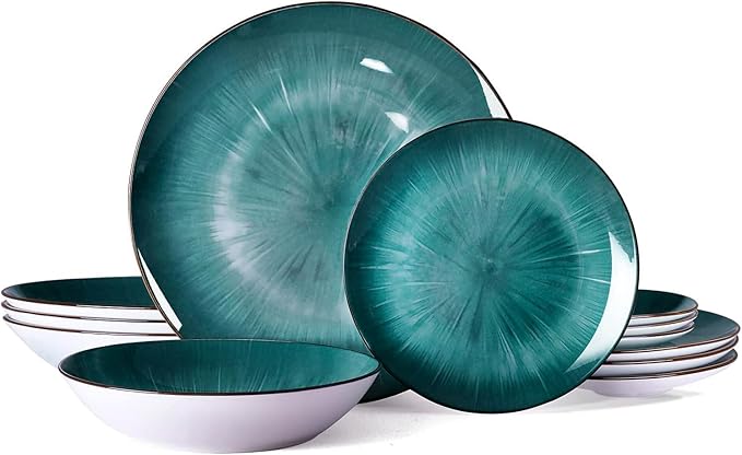 Bestone Porcelain Dinnerware Sets Service for 4, 12 pcs Hand drawn Plates and Bowls Sets, Handmade Ceramic Dish Set, Chip Resistant Modern Plate Set, Dishwasher/Microwave Safe，Starburst Green