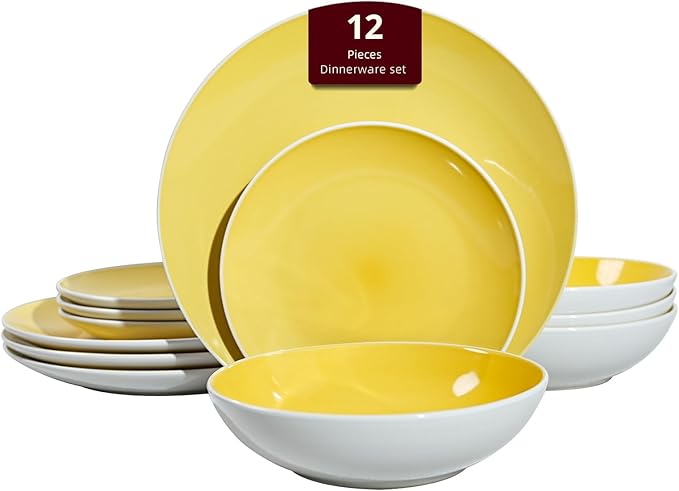 Stoneware Coupe Shape 12pc Dinnerware Set, Outside White + Inside Yellow