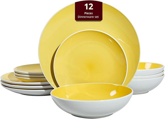 Stoneware Coupe Shape 12pc Dinnerware Set, Outside White + Inside Yellow