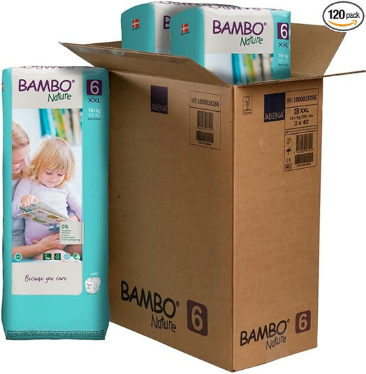 Bambo Nature Hypoallergenic Baby Diapers, Eco-Labeled Diapers, Enhanced Leakage Protection, Totally Chlorine-Free, Skin Friendly, and Super Absorbent - Size 6 (120 Count)