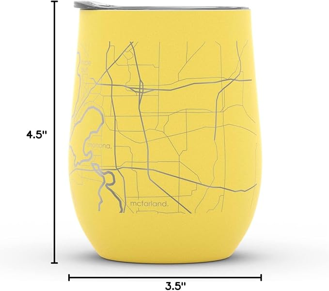 Well Told Engraved Madison Wisconsin Map Insulated Wine Tumbler, Etched Stainless Steel Cup (12 oz, Sunrise Yellow) City Map Insulated Tumbler, Custom Insulated Tumbler, Outdoor Drinkware